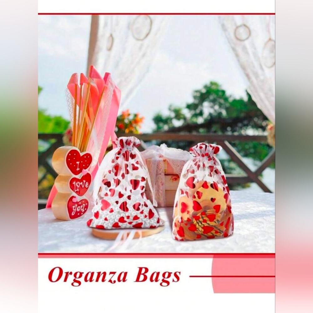 10pcs Red Heart Pink and Gold Organza Gift Bags - Picture 3 of 4